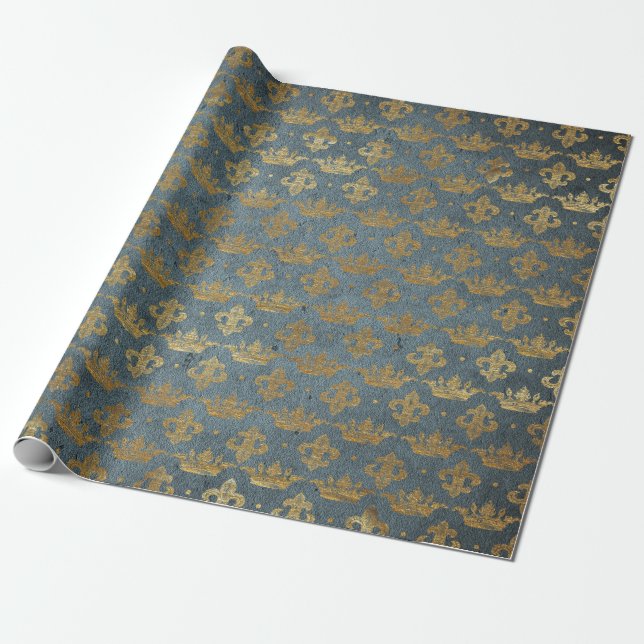 Golden Crown Confetti Royal Gray Blue Velvet Geschenkpapier (Ungerollt)