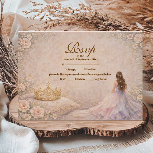 Golden Crown Fairytale Quinceañera RSVP Karte (Von Creator hochgeladen)