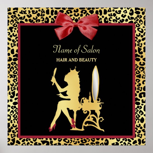 Golden Crown Leopard Print mit Red Bow Hair Salon Poster (Vorne)