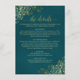 Golden Curls & Swirls on Dark Teal Wedding Details Begleitkarte