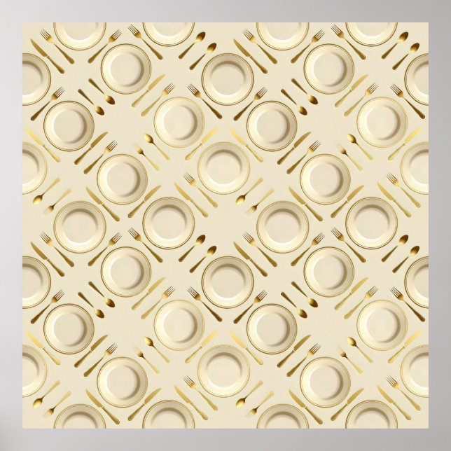 golden cutlery and white circular plates poster (Vorne)