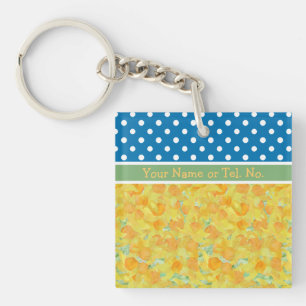 Golden Daffodils gepaart mit Blue White Polka Dock Schlüsselanhänger