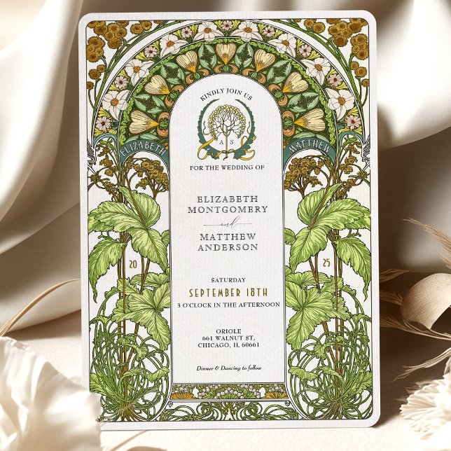 Golden Daisies & Green Foliage Jugendstil Hochzeit Einladung (Von Creator hochgeladen)