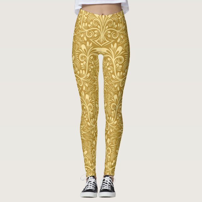 Golden Damask Barockfarbenes Muster Leggings (Vorderseite)