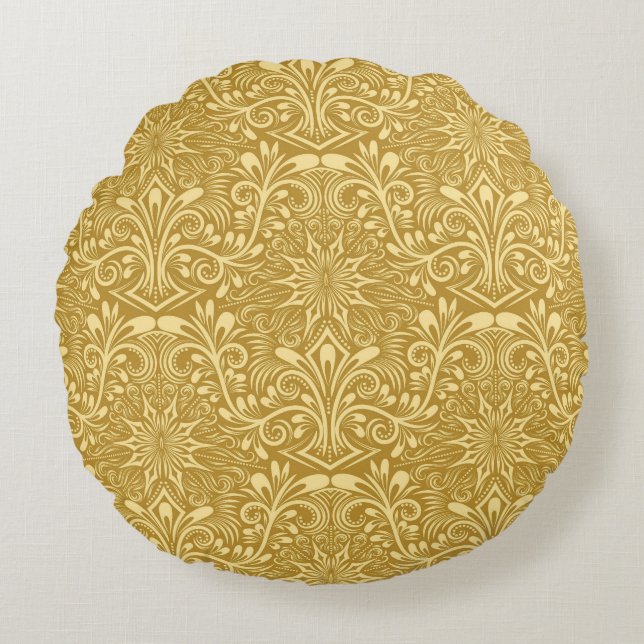 Golden Damask Barockfarbenes Muster Rundes Kissen (Vorderseite)