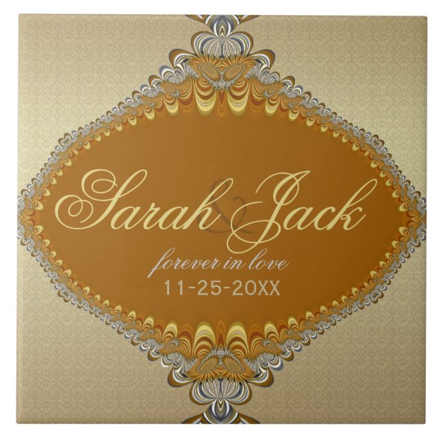 Golden Damask Fraktal Lace Wedding Keepake Fliese (Vorderseite)