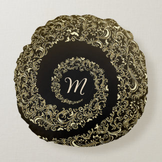 Golden Damask Monogram Rundes Kissen