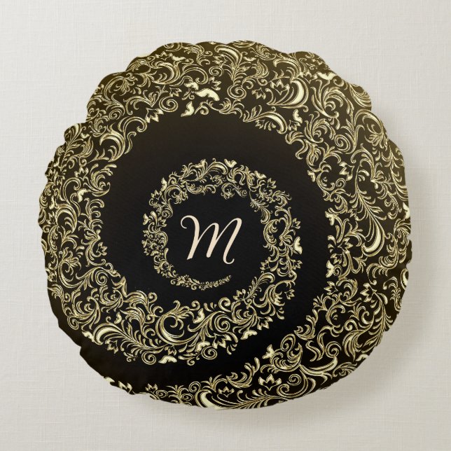 Golden Damask Monogram Rundes Kissen (Vorderseite)
