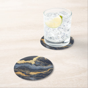 Golden Dark Blue Marble Muster Runder Pappuntersetzer
