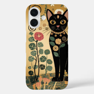 Golden Decorative Gustav Klimt Style Schwarze Katz iPhone 16 Hülle