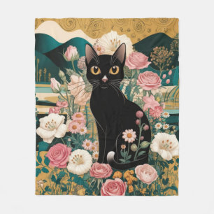 Golden Decorative Gustav Klimt Style Schwarze Katz Fleecedecke