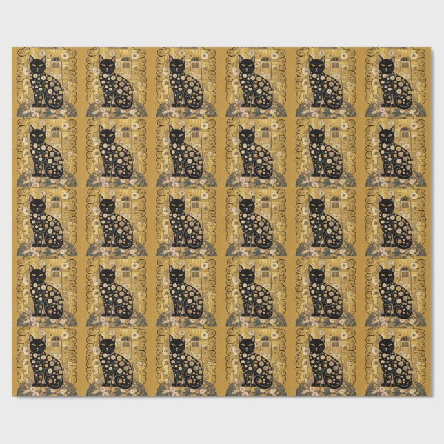 Golden Decorative Gustav Klimt Style Schwarze Katz Geschenkpapier (Flach)