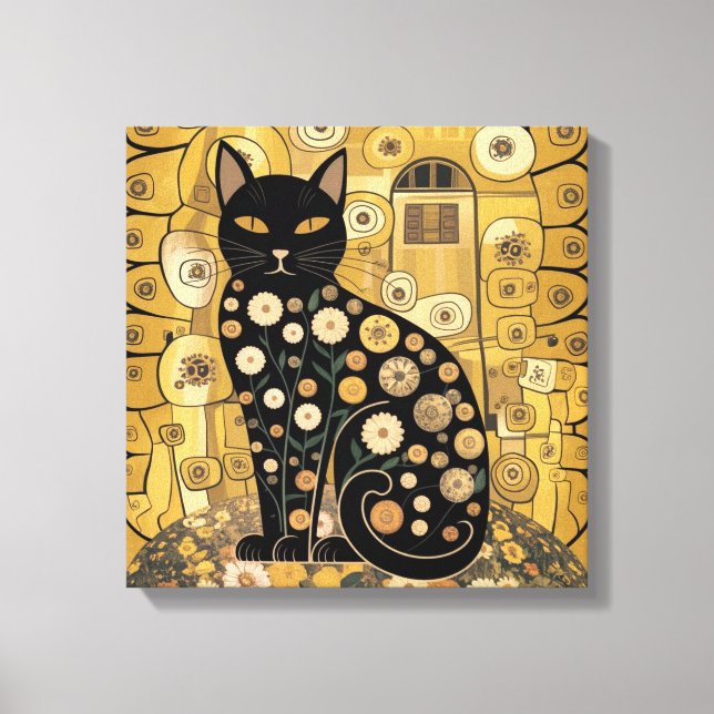 Golden Decorative Gustav Klimt Style Schwarze Katz Leinwanddruck (Vorderseite)