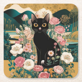 Golden Decorative Gustav Klimt Style Schwarze Katz Rechteckiger Pappuntersetzer