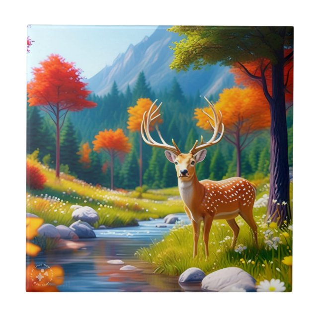 Golden Deer Stehend im Wald-987679 Fliese (Vorderseite)