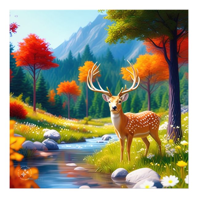 Golden Deer Stehend im Wald Fotodruck (Vorne)