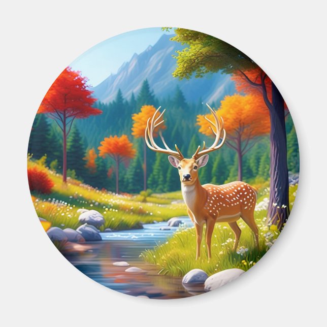 Golden Deer Stehend im Wald Magnet (Vorne)