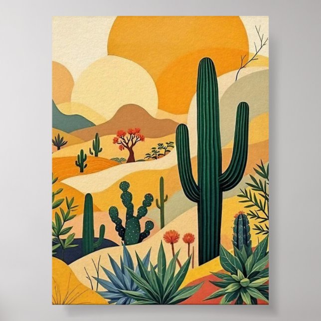 Golden Desert Cactus Sunset Landschaftsbild Poster (Vorne)