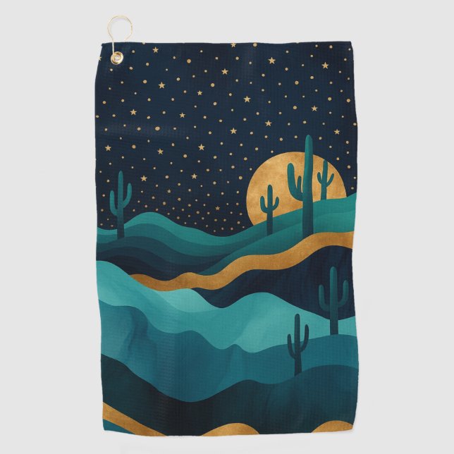 Golden Desert Nightscape - Abstrakte Kakteen Art Golfhandtuch (Vorderseite)