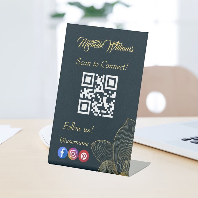 Golden Details Esthetiker Qr Code Social Media Sockelschild (Esthetician Black White Gray Grey Qr Code Pedestal Sign)
