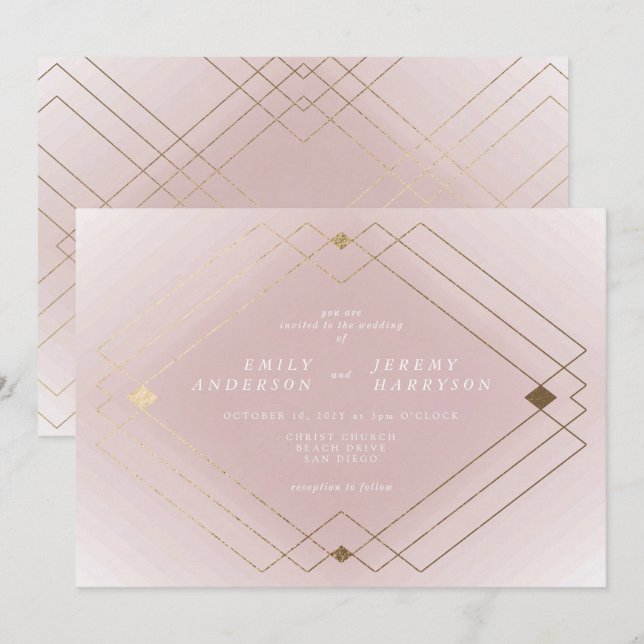 Golden Diamond Pink Geometric Deko Gatsby Wedding Einladung (Vorne/Hinten)