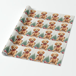 Golden Doodle beim Dekorieren von Weihnachtsplätzc Geschenkpapier