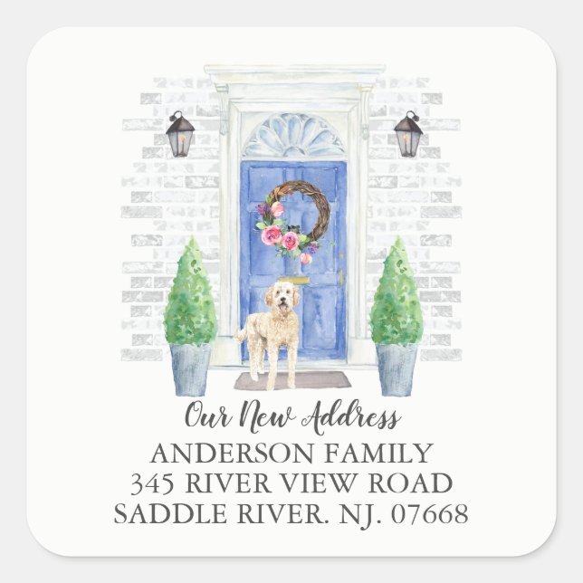 Golden Doodle Blue Door New Address Label Sticker (Vorderseite)