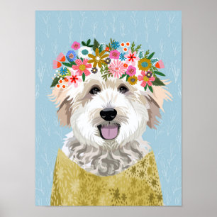 Golden Doodle Blume Wreath Dog Portrait Poster