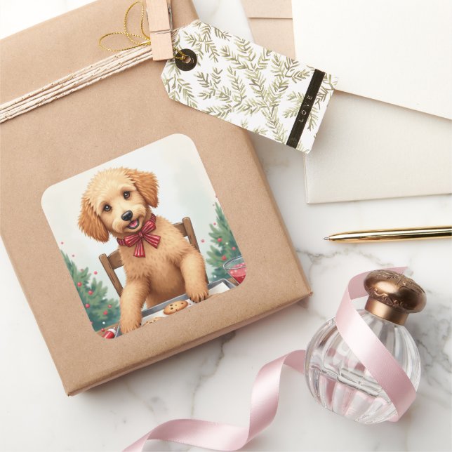 Golden Doodle Decorating Christmas Cookies Quadratischer Aufkleber (Schenken)