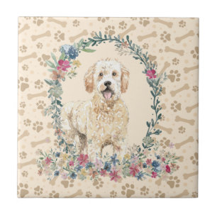 Golden Doodle Dog Paw Print Floral Niedlich Beige Fliese