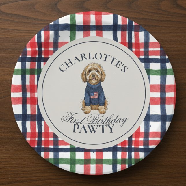 Golden Doodle Hund Erster Geburtstag Vintage Ameri Pappteller (Celebrate your little one’s special day with this Vintage Americana Plaid Doodle Dog paper plate!)