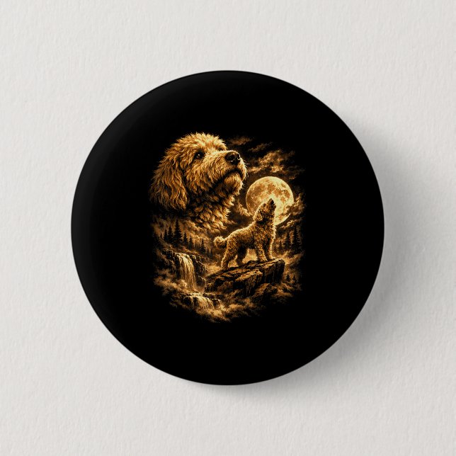 Golden Doodle Hund heult Mond Fantasy Wald Button (Vorderseite)