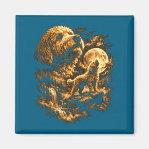Golden Doodle Hund heult Mond Fantasy Wald Magnet