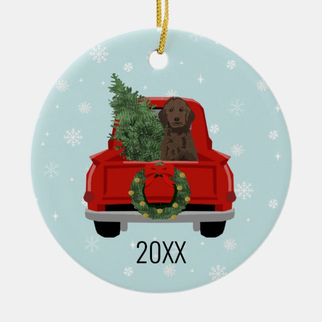 Golden Doodle Hund Red Christmas Truck Keramik Ornament (Vorne)