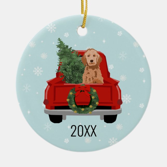 Golden Doodle Hund Red Christmas Truck Ornament (Vorne)