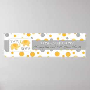 Golden Dots & Elephants Twins Baby Showbanner Poster