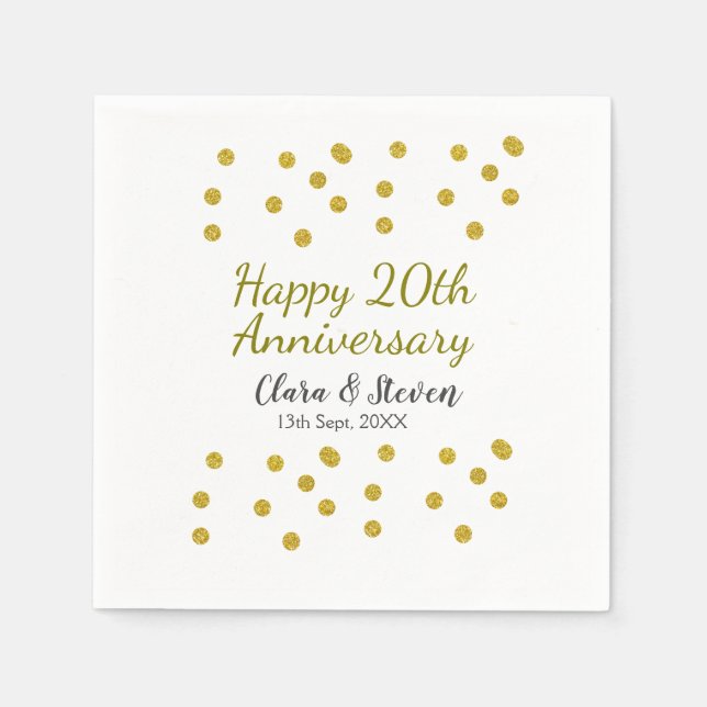 Golden dots Glitzer Happy 20. Jubiläum Hochzeit Serviette (Vorderseite)