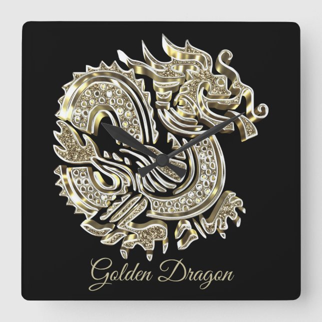 Golden Dragon Black and Gold Elegant Add Name Quadratische Wanduhr (Vorderseite)