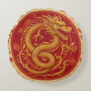 Golden Dragon Chinesisches neues Jahr Runde Pilze Rundes Kissen