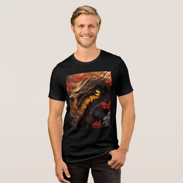 Golden Dragon in Fiery Autumn Canyon Tri-Blend Shirt (Vorderseite voll)