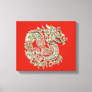 Golden Dragon Logo Elegante Dekorative Rote Gold Leinwanddruck