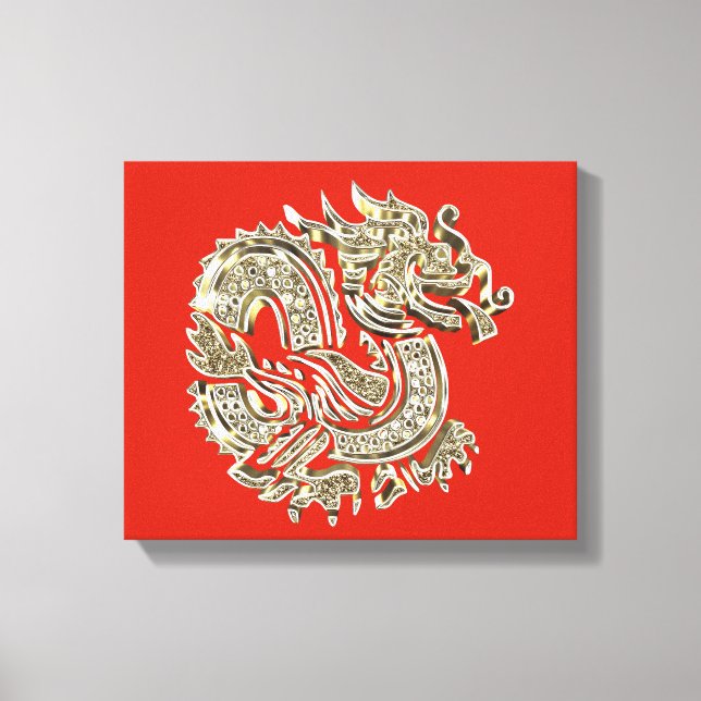 Golden Dragon Logo Elegante Dekorative Rote Gold Leinwanddruck (Vorderseite)