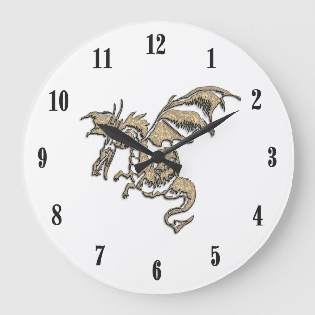 Golden Dragon White Face Black Numbers Große Wanduhr (Vorderseite)