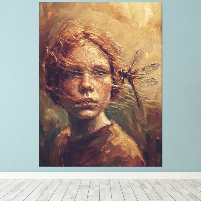 Golden Dragonfly Whisper – Warm Impressionist Oil  Leinwanddruck (Insitu (Holzboden))