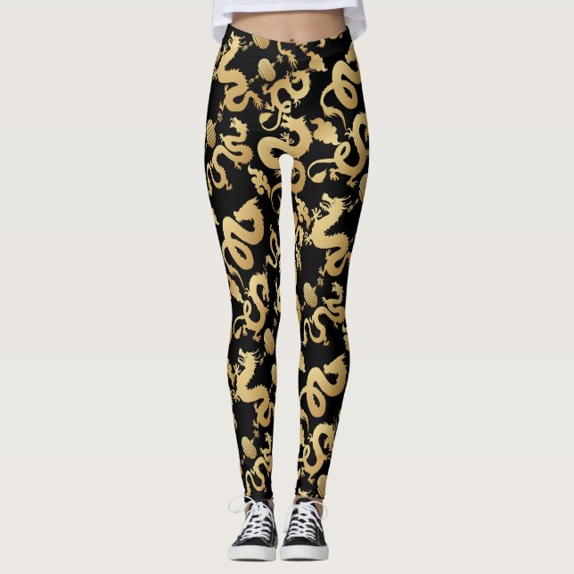 Golden Dragons Pattern Black BG Leggings (Vorderseite)