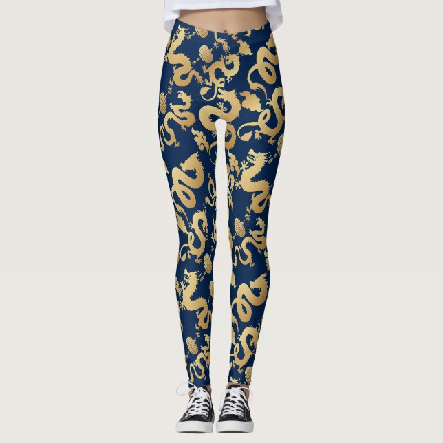 Golden Dragons Pattern D Blue BG Leggings (Vorderseite)