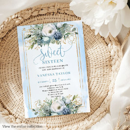 Golden Dusty Blue White Floral Sweet 16 Einladung
