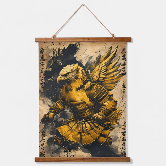 Golden Eagle Samurai Warrior - Japanischer Tintens Wandteppich Mit Holzrahmen (Vorderseite)