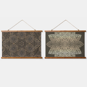 Golden Earthy Mandala Hanging Tapestry Wandteppich Mit Holzrahmen