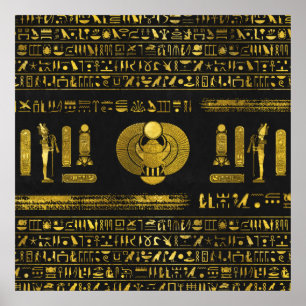 Golden Egyptian Scarab auf schwarzem Leder Poster